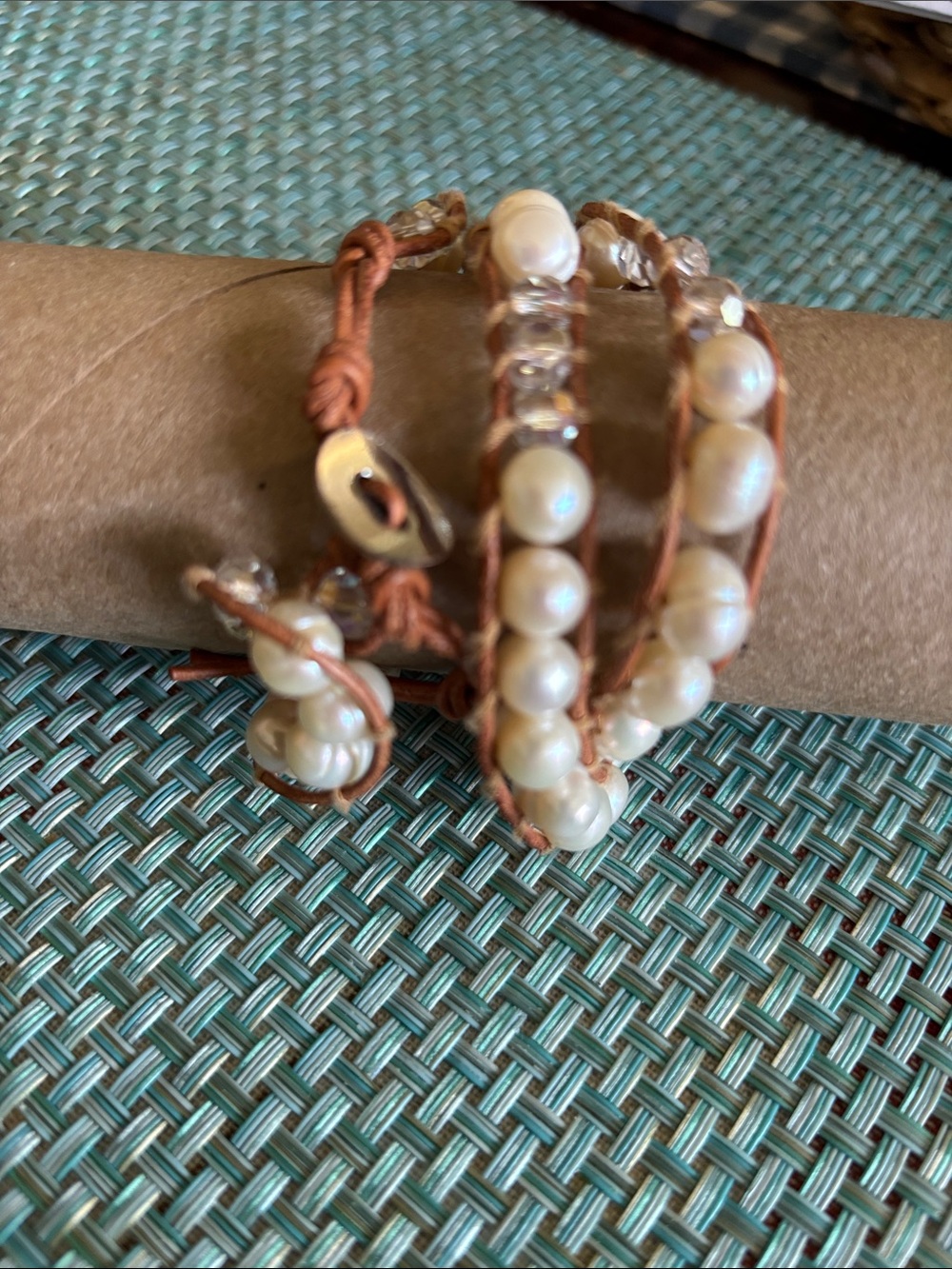 Hand Crafted Pearl Wrap Bracelet in Cream and Tan